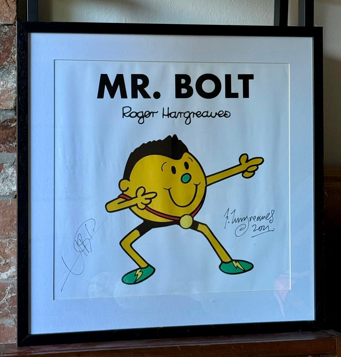 Rare Mr Bolt Print Signed By Usain Bolt & Mr Men Creator Roger Hargreaves